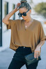 Brown Solid Loose V Neck Short Sleeve Blouse