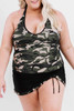 Black Halter Neck Camouflage Patchwork Plus Size Tankini