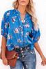 Blue Floral Print Puff Sleeve Buttons Blouse