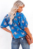 Blue Floral Print Puff Sleeve Buttons Blouse