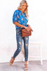 Blue Floral Print Puff Sleeve Buttons Blouse