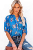 Blue Floral Print Puff Sleeve Buttons Blouse