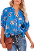 Blue Floral Print Puff Sleeve Buttons Blouse