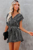 Black Leopard Print Belted V Neck Short Sleeve Romper