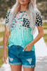 Sky Blue Leopard Tie-dye Splicing Short Sleeve Top