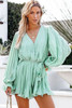 Green Pleated Ruffled Tie Waist Buttons V Neck Romper