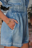 Sky Blue  V Neck Smocked Waist Pocketed Chambray Romper