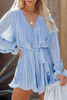 Sky Blue Pleated Ruffled Tie Waist Buttons V Neck Romper Sky Blue Pleated Ruffled Tie Waist Buttons V Neck Romper
