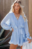 Sky Blue Pleated Ruffled Tie Waist Buttons V Neck Romper