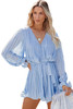 Sky Blue Pleated Ruffled Tie Waist Buttons V Neck Romper Sky Blue Pleated Ruffled Tie Waist Buttons V Neck Romper