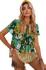 Green Boho Floral Print Short Sleeve Blouse