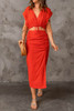 Orange Drawstring V Neck Split High Waist Two Piece Skirt Set