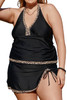 Black Halter V Neck Plus Size Tankini with Leopard Trim