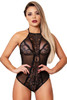 Black Halter Floral Lace Splice Sheer Mesh Bodysuit