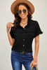 Black Buttoned Lace Splicing Ruffle Textured Short Sleeve Shirt