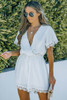 White Applique Lace Trim V-Neck Drawstring Romper