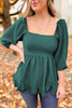 Green Ruffled Smocked 3/4 Sleeve Square Neck Blouse