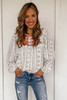 Beige Long Sleeve Embroidered Print Blouse