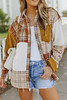 Orange Plaid Color Block Patchwork Shirt Jacket with Pocket