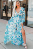 Sky Blue Wrap V Neck Floral Maxi Dress