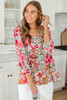 Floral Print Ruched V Neck Babydoll Blouse