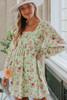 Green Square Neck Empire Waist Babydoll Floral Dress