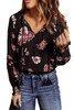 Black Floral Print V Neck Puffy Sleeve Blouse