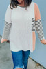 Colorblock Striped Splicing Waffle Knit Long Sleeve Top