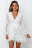 White Wrap V Neck Lace Bubble Sleeve Mini Dress