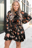 Plus Size Drawstring Long Sleeve Floral Dress