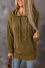 Green Ribbed Drawstring Pullover Hoodie with Kangaroo Pocket