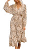 Animal Print Leopard V Neck Smocked Waist Long Dress with Ruffle Hem