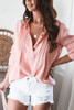 Pink Pleated Half Buttoned Waffle Knit Blouse