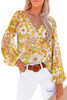 Yellow Floral Print V Neck Long Puff Sleeve Top