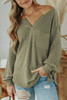 Green Waffle Knit Split Neck Pocketed Loose Top