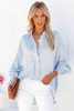 Sky Blue Smocked Cuffed Striped Boyfriend Shirt with Pocket