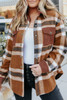 Brown Pocketed Buttoned Plaid Shirt Jacket