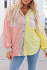 Multicolor Color Block Pocketed Button Down Shirt Jacket with Hood