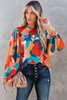 Multicolor Abstract Pattern Crewneck Ruffled Puff Sleeve Blouse