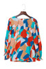 Multicolor Abstract Pattern Crewneck Ruffled Puff Sleeve Blouse