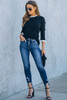 Black Solid Ruffled Crew Neck Knit Sweater