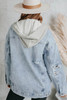 Sky Blue Button Closure Ripped Hooded Denim Jacket
