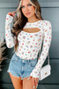 White Long Sleeve Cut-out Floral Bodysuit