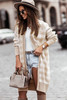 Khaki Open Front Plaid Long Cardigan