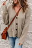 Khaki Drop Shoulder Button Front V Neck Cardigan with Pockets