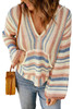 Multicolor Striped Knit Kangaroo Pocket Hooded Sweater