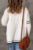 White Striped Buttoned Pocketed Drop Shoulder Sweater