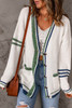 White Striped Buttoned Pocketed Drop Shoulder Sweater