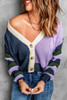 Blue Buttoned V Neck Color Block Knitted Sweater