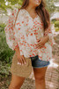 Split V Neck Floral Plus Size Blouse with Ruffles